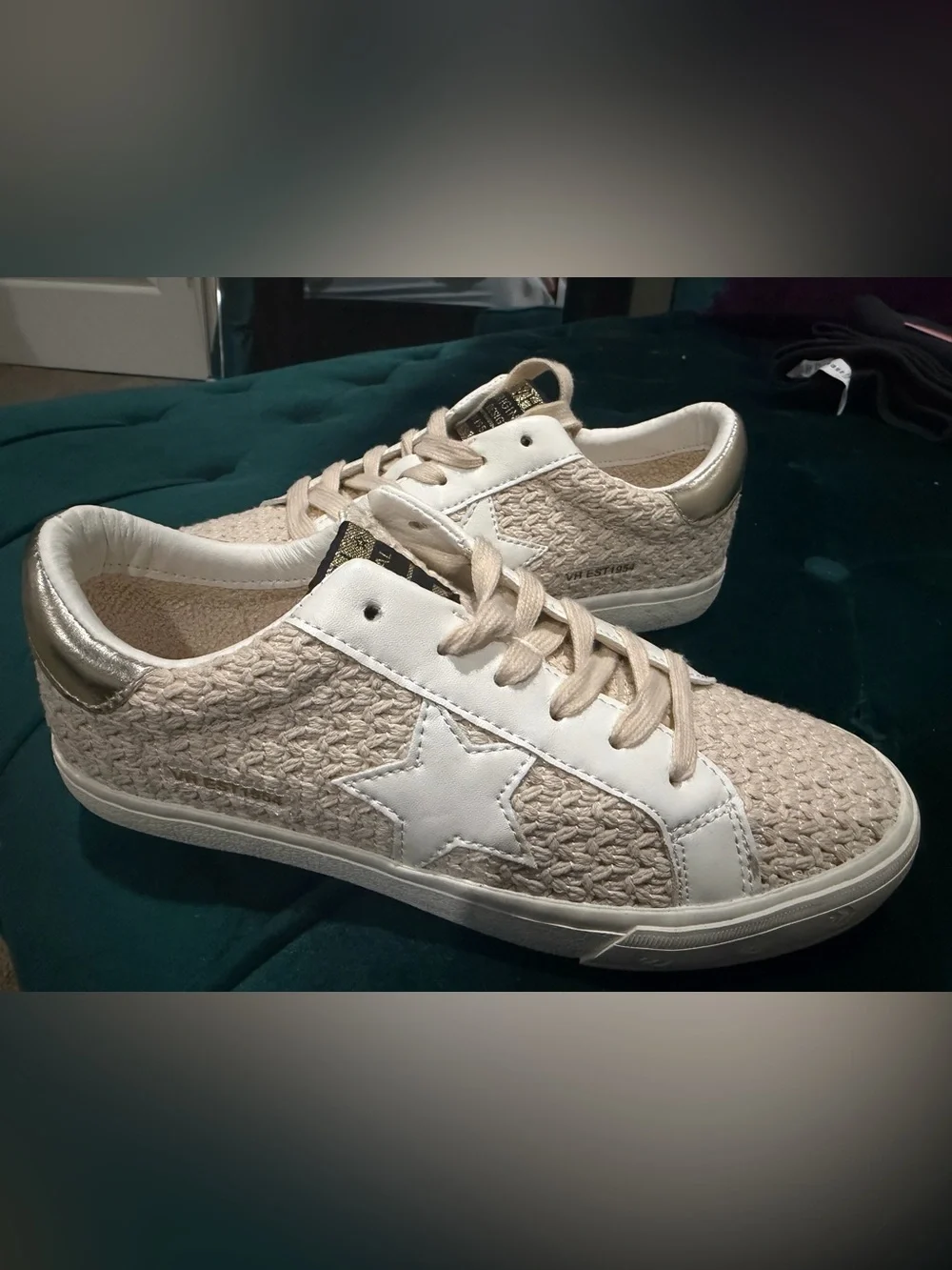 Vintage Havana Beige Knit Star Sneakers with White Trim